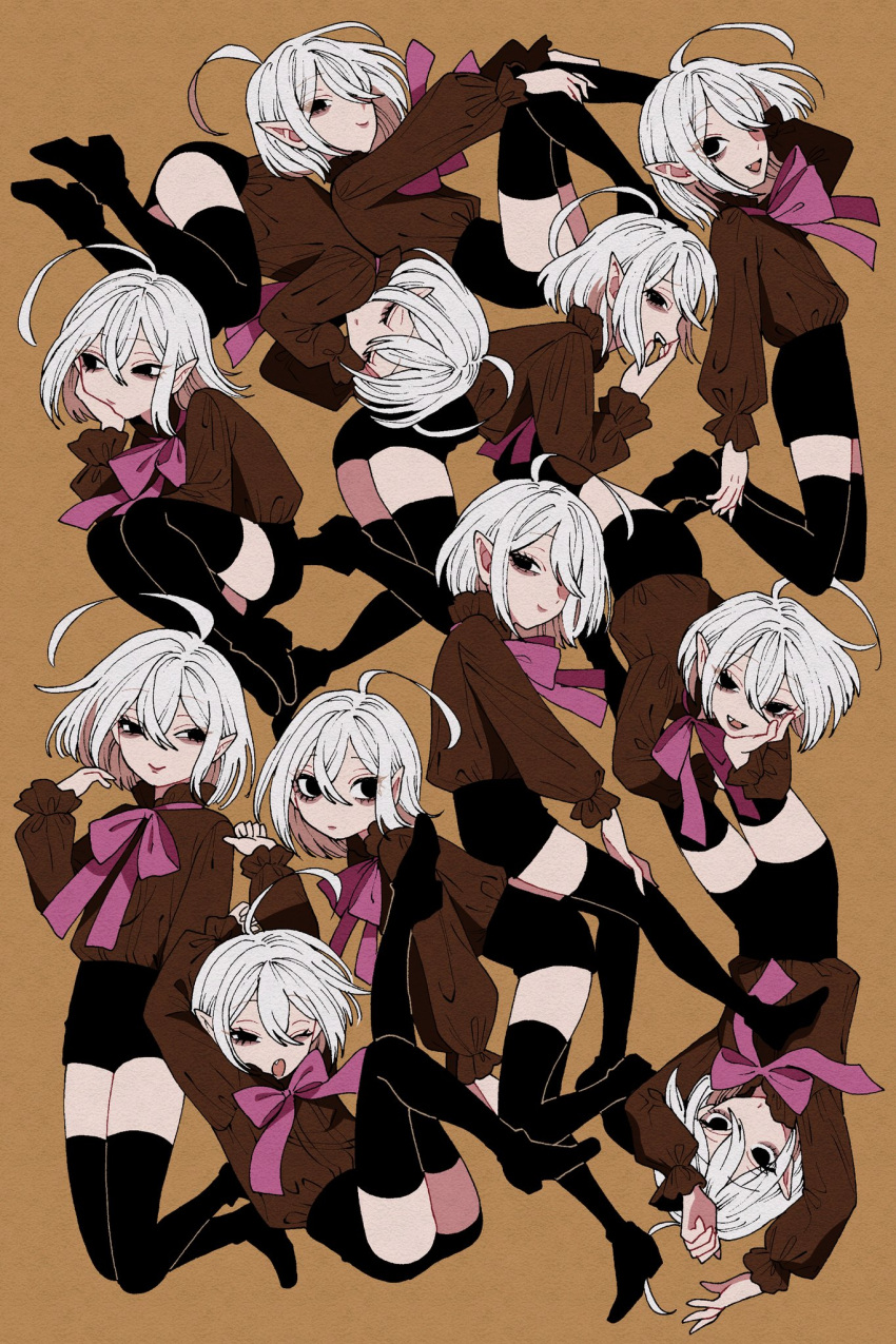 1boy ahoge androgynous black_eyes black_footwear black_shorts bob_cut boots bow brown_shirt collage double-parted_bangs fangs full_body hair_between_eyes head_on_hand highres looking_at_viewer lying medium_hair ohayousan_084 on_back open_mouth original otoko_no_ko pale_skin pink_bow pointy_ears poses purple_lips purple_nails rose_(ohayousan_084) shirt shorts smile thigh_boots vampire white_hair yellow_background