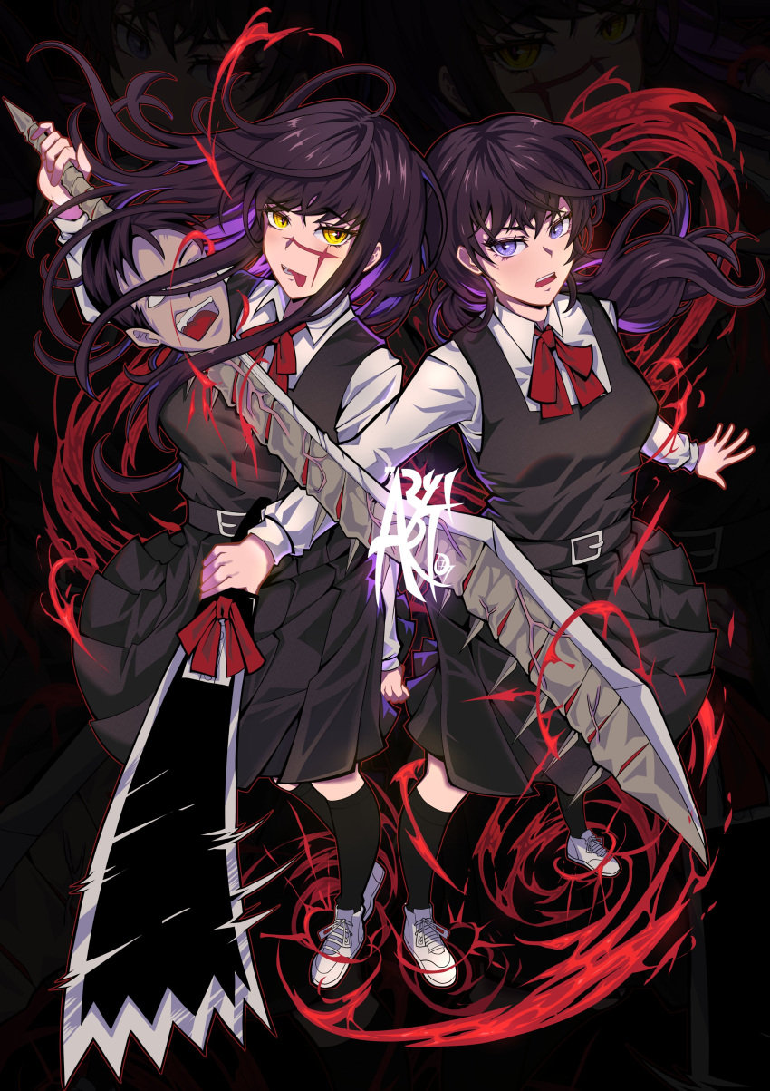 2girls absurdres aryi077 belt black_background black_hair black_socks breasts chainsaw_man collar collared_shirt commentary cross_scar dress fourth_east_high_school_uniform highres holding holding_sword holding_weapon long_hair mitaka_asa multiple_girls neck_ribbon pinafore_dress pleated_skirt purple_eyes red_ribbon ribbon scar scar_on_cheek scar_on_face school_uniform severed_head shirt shoes simple_background skirt sleeveless sleeveless_dress socks sword tongue tongue_out weapon white_collar white_footwear yellow_eyes yoru_(chainsaw_man)