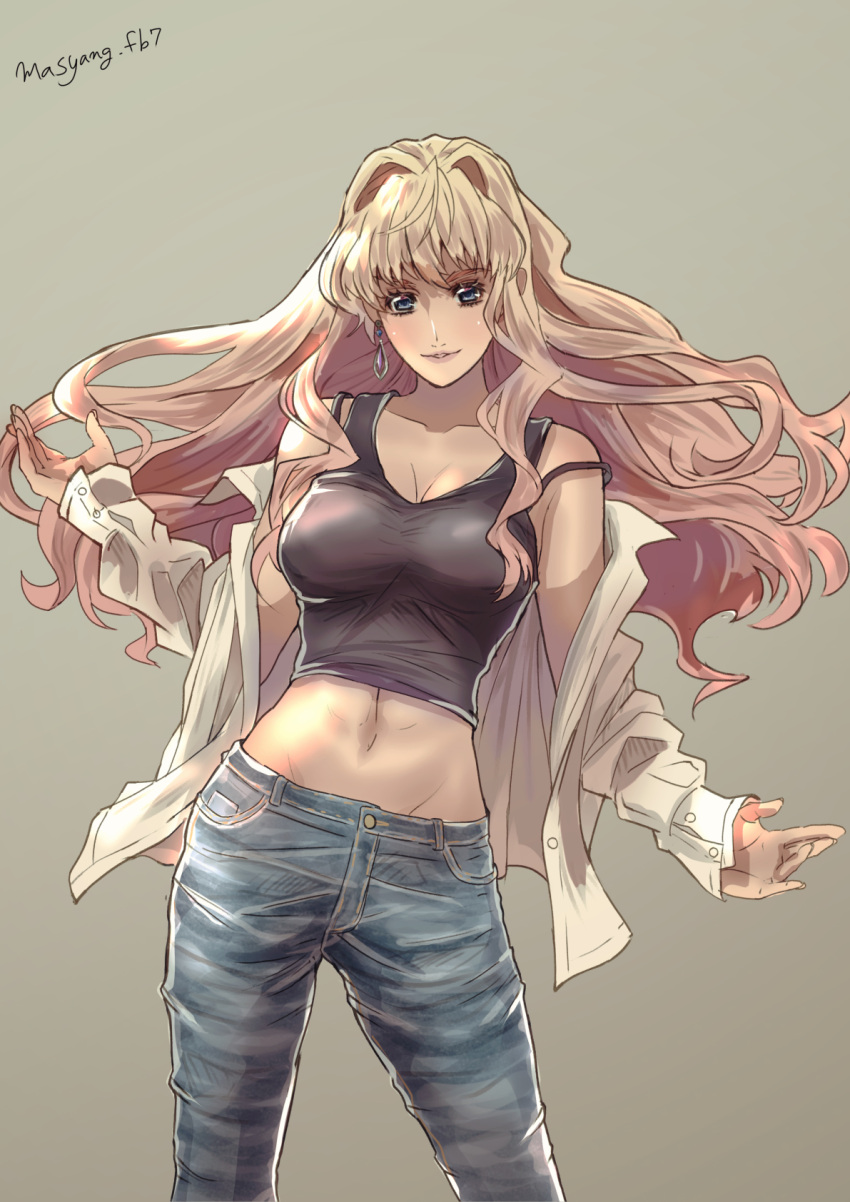 1girl artist_name black_tank_top blonde_hair blue_pants blush breasts cleavage denim earrings floating_hair grey_background groin highres jeans jewelry long_hair long_sleeves looking_at_viewer macross macross_frontier medium_breasts midriff navel open_hands pants ryu_(masu_nantoka-san) sheryl_nome shirt simple_background single_earring sleeves_past_wrists smile solo tank_top very_long_hair white_shirt