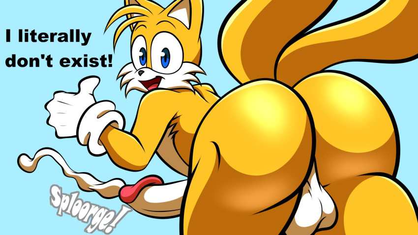 anthro backsack balls big_butt bodily_fluids butt canid canine colored cum cumshot ejaculation fox genital_fluids genitals gesture hi_res looking_at_viewer looking_back looking_back_at_viewer male mammal miles_prower nude penis protagon sega sonic_the_hedgehog_(series) thumbs_up