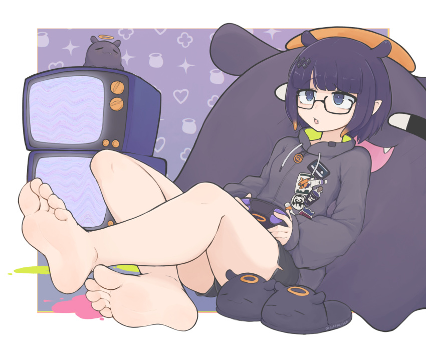 1girl barefoot blue_eyes blunt_bangs breasts controller feet foot_focus game_controller gradient_hair hair_ornament hairclip highres holding holding_controller holding_game_controller hololive hololive_english hood hoodie legs multicolored_hair ninomae_ina'nis ninomae_ina'nis_(5th_costume) official_alternate_costume open_mouth orange_hair pixie_cut pointy_ears purple_hair purple_hoodie short_hair short_shorts shorts slippers softhanten soles solo takodachi_(ninomae_ina'nis) tentacle_hair tentacles toes twitter_username virtual_youtuber
