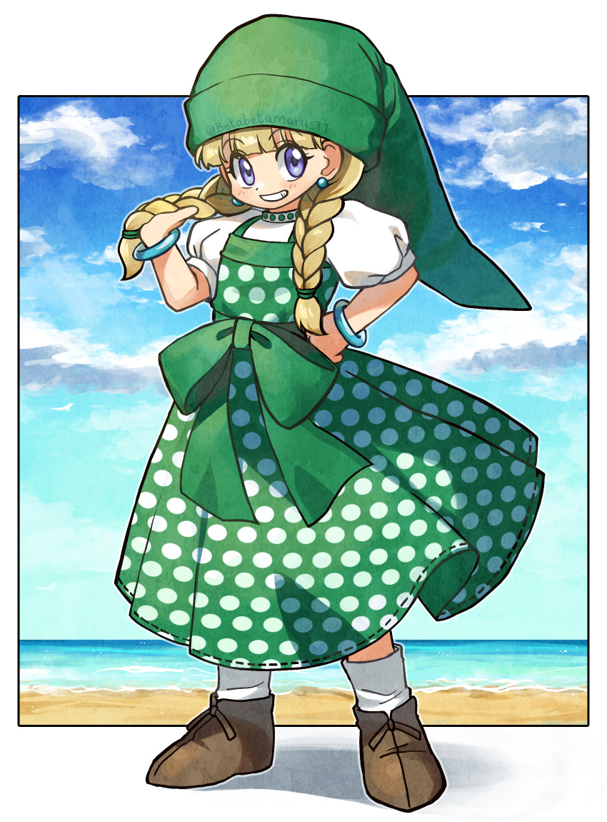 1girl betabetamaru blonde_hair blue_eyes blue_sky blunt_bangs bracelet braid cloud commentary_request dragon_quest dragon_quest_xi dress earrings full_body green_dress green_headwear hand_on_hip hat highres jewelry long_dress low_twin_braids ocean polka_dot polka_dot_dress puffy_short_sleeves puffy_sleeves short_sleeves sky solo twin_braids twitter_username veronica_(dq11)