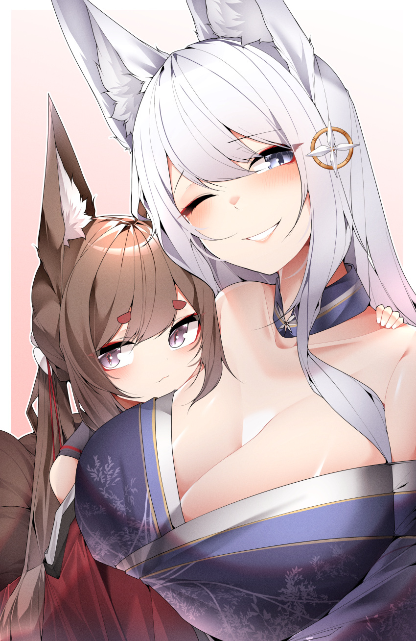 2girls ;d absurdres amagi-chan_(azur_lane) animal_ears azur_lane bare_shoulders blue_eyes blue_kimono blush breasts brown_hair cleavage commentary_request detached_collar eyeshadow floral_print flower fox_ears fox_girl fox_tail grin hair_between_eyes hair_flower hair_ornament hand_on_another's_chest hand_on_another's_shoulder happy head_on_chest highres hug japanese_clothes kimono kitsune large_breasts leaning_on_person long_hair looking_at_viewer makeup multiple_girls multiple_tails off_shoulder one_eye_closed purple_eyes red_eyeshadow red_kimono samip shinano_(azur_lane) slit_pupils smile tail twintails upper_body very_long_hair white_flower white_hair