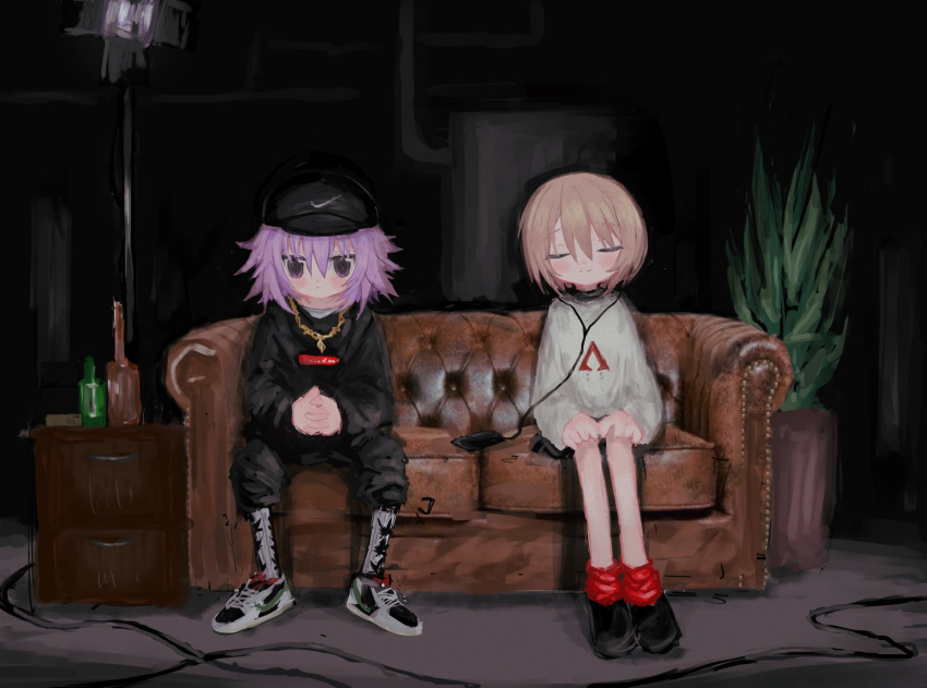 2girls alternate_costume black_headwear black_pants blanc_(neptune_series) blush bottle brown_hair closed_eyes closed_mouth couch earphones full_body hat highres indoors jewelry long_sleeves looking_at_viewer multiple_girls necklace neptune_(neptune_series) neptune_(series) own_hands_together pants plant potted_plant purple_eyes purple_hair red_socks reitoubeef shirt shoes short_hair sitting sneakers socks