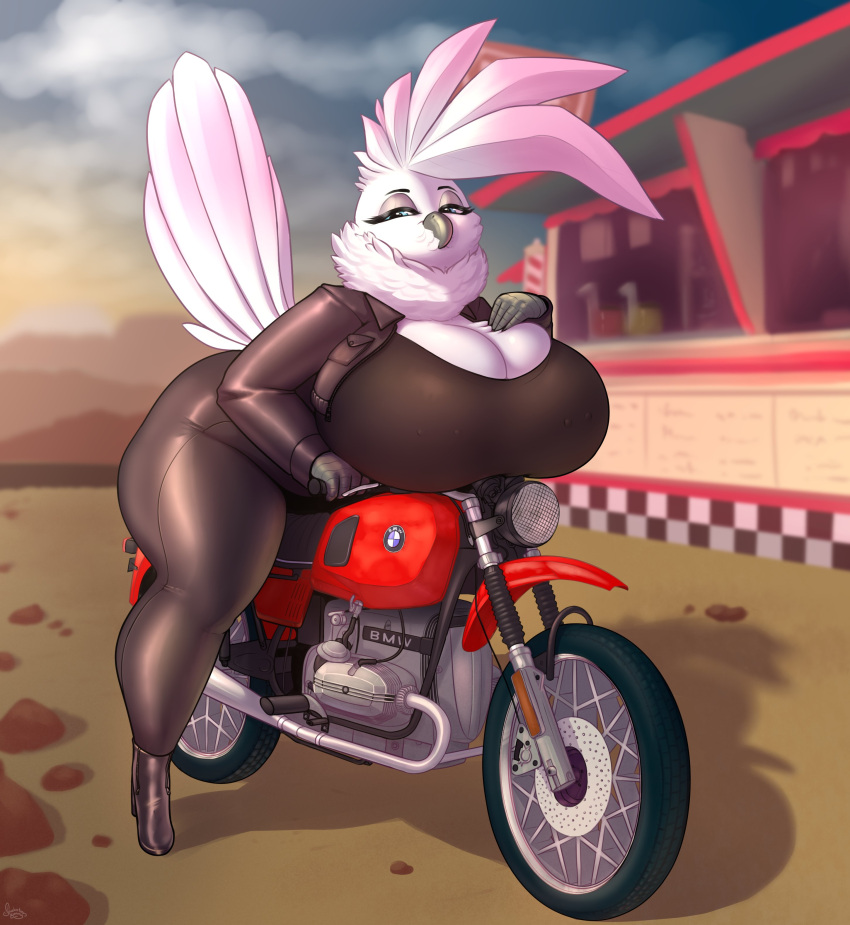 2023 5_fingers absurd_res anna_(luke154) anthro avian beak big_breasts biker bird bmw boots breasts bulging_breasts cacatua cleavage cleavage_overflow clothed clothing cloud cockatoo diner eyelashes feathers female fingers footwear hand_on_breast head_feathers hi_res huge_breasts jacket leather leather_clothing leather_jacket leather_topwear logo motorcycle neck_tuft nipple_piercing nipples outside parrot piercing piercing_outline pink_body pink_feathers restaurant shakotanbunny shirt signature sitting solo sunset tail_feathers talon_hands tank_top thick_thighs topwear tuft umbrella_cockatoo vehicle wide_hips