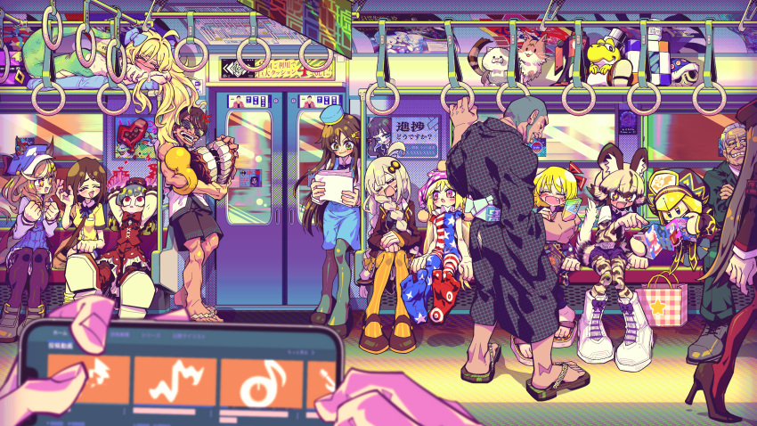 3boys 6+girls african_wild_dog_(kemono_friends) american_flag_dress american_flag_legwear anger_vein animal_ears arms_up bag bench black_footwear black_kimono black_shorts black_socks blonde_hair blue_headwear blue_shell_(mario) blue_skirt boots bow bowtie brochure brown_bag brown_hair brown_pantyhose brown_thighhighs buzz_cut cat cellphone character_request closed_eyes closed_mouth clownpiece commentary_request cookie_(touhou) copyright_request crossover dedeen dentures dog_ears dog_girl dog_tail full_body green_eyes grey_hair grey_pantyhose grin hair_between_eyes hair_ornament hair_ribbon hand_grip hat high_heels highres holding holding_hand_grip horse_ears horse_girl japanese_clothes japanese_crested_ibis_(kemono_friends) jashin-chan jashin-chan_dropkick jester_cap kemono_friends kimono kirby:_star_allies kirby_(series) kizuna_akari laetitia_(lobotomy_corporation) lamia lobotomy_corporation long_hair long_sleeves looking_at_another looking_to_the_side manatsu_no_yo_no_inmu mario_(series) mary_janes matikane_tannhauser_(umamusume) medium_bangs miura_daisenpai miyako_yoshika monster_girl monster_musume_no_iru_nichijou morpho_knight multiple_boys multiple_crossover multiple_girls nadeko_(cookie) niconico no_shoes one_side_up open_mouth orange_pantyhose pantyhose pencil_skirt phone pink_eyes pink_headwear pointing poster_(object) pov pov_hands project_moon purple_shorts red_bow red_bowtie red_eyes red_footwear red_ribbon red_shorts ribbon rumia sandals shirt shoes shopping_bag short_bangs short_hair short_sleeves shorts sitting skirt sleeping smartphone smile socks star_(symbol) striped striped_pantyhose subway sunglasses suu_(monster_musume) tail takuya_(acceed) thighhighs touhou train_interior turtle_shell umamusume very_long_hair very_short_hair voiceroid walking waving white_footwear yellow_shirt yoshi