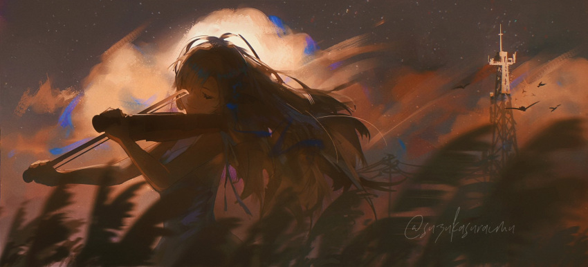 1girl alternate_costume blurry blurry_foreground closed_eyes closed_mouth cloud cloudy_sky commentary cowboy_shot dress floating_hair grass hair_over_one_eye highres holding_bow_(music) holding_violin instrument isekai_joucho kamitsubaki_studio long_hair music one_eye_covered outdoors playing_instrument power_lines radio_tower simple_bird sky sleeveless sleeveless_dress smile solo star_(sky) starry_sky suzukasuraimu symbol-only_commentary tall_grass twitter_username utility_pole violin virtual_youtuber