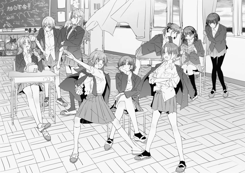 6+girls absurdres alternate_costume arisugawa_natsuha asakura_toru book chair chalkboard classroom cross crossed_arms desk fukumaru_koito full_body greyscale hand_on_own_cheek hand_on_own_face head_rest highres higuchi_madoka houkago_climax_girls_(idolmaster) ichikawa_hinana idolmaster idolmaster_shiny_colors jacket jacket_on_shoulders kneehighs komiya_kaho monochrome morino_rinze multiple_girls naga-agan necktie noctchill_(idolmaster) open_clothes open_collar open_jacket pleated_skirt reading saijo_juri school_chair school_desk school_uniform shoes skirt socks sonoda_chiyoko tied_jacket uwabaki