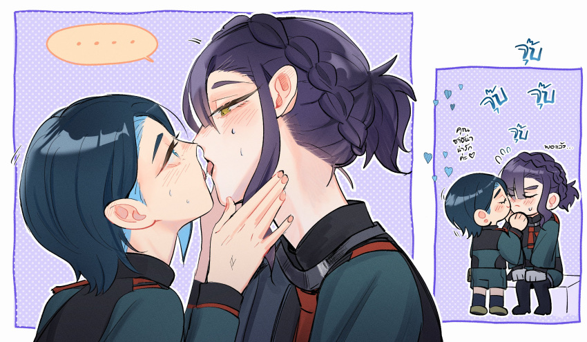 ... 2girls after_kiss asticassia_school_uniform blue_eyes blue_hair blush closed_eyes colored_inner_hair commentary_request ear_blush eye_contact gundam gundam_suisei_no_majo hand_on_another's_neck heart highres kiss kissing_cheek looking_at_another maybecrosswise multicolored_hair multiple_girls nika_nanaura purple_hair sabina_fardin saliva saliva_trail school_uniform short_hair sitting spoken_ellipsis sweat tongue tongue_out translation_request two-tone_hair yuri