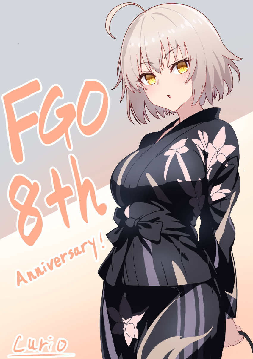 1girl :o absurdres ahoge alternate_costume anniversary arms_behind_back artist_name black_kimono blush commentary_request copyright_name curio_(curiofinity) fate/grand_order fate_(series) floral_print floral_print_kimono grey_hair hair_between_eyes highres japanese_clothes jeanne_d'arc_alter_(fate) kimono looking_at_viewer print_kimono short_hair solo yellow_eyes yukata