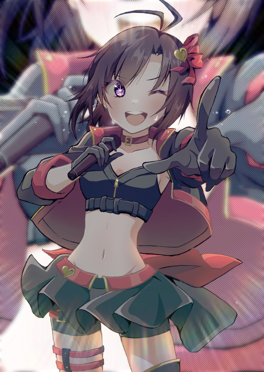 1girl antenna_hair belt belt_collar benidzuki_p bike_shorts_under_skirt black_eyes black_gloves black_hair black_shirt blush breasts clothes_lift collar collarbone cowboy_shot crop_top cropped_shirt dot_nose emphasis_lines gloves hair_ornament hair_ribbon hands_up heart heart_hair_ornament highres holding holding_microphone hoshino_ai_(oshi_no_ko) idol_(yoasobi) idolmaster idolmaster_(classic) idolmaster_million_live! idolmaster_million_live!_theater_days index_finger_raised jacket jacket_lift kikuchi_makoto long_sleeves looking_at_viewer microphone midriff multicolored_clothes multicolored_jacket navel one_eye_closed open_clothes open_jacket open_mouth oshi_no_ko reaching reaching_towards_viewer red_belt red_ribbon ribbon shirt short_hair signature skirt skirt_lift small_breasts smile solo standing strapless strapless_shirt sweat teeth thigh_strap two-tone_jacket two-tone_skirt underbust upper_teeth_only v-shaped_eyebrows wind wind_lift zipper zipper_pull_tab zoom_layer