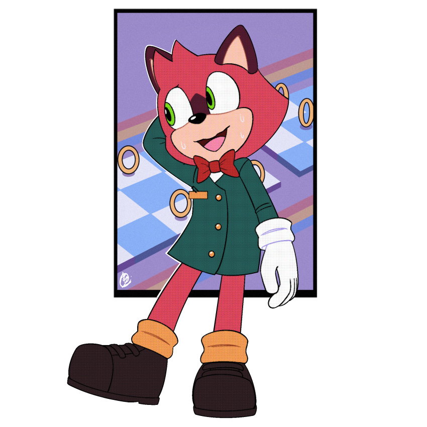 anthro barry_(sonic) bodily_fluids clothed clothing footwear fur gloves handwear hi_res humanoid innotsu male nervous nervous_expression nervous_smile nervous_sweat red_body red_fur sega shoes solo sonic_the_hedgehog_(series) sweat sweatdrop