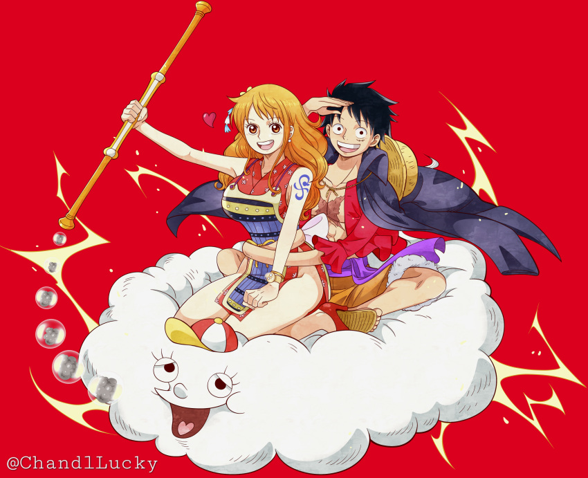 1boy 1girl absurdres arm_up black_cape black_hair brown_eyes cape chandllucky cloud hat heart highres holding holding_staff hug hug_from_behind japanese_clothes lightning long_hair looking_at_viewer monkey_d._luffy nami_(one_piece) one_piece open_clothes open_mouth purple_sash red_hair red_shirt sandals sash scar scar_on_chest scar_on_face shirt short_hair shoulder_tattoo sitting smile staff straw_hat tattoo teeth twitter_username zeus_(one_piece)