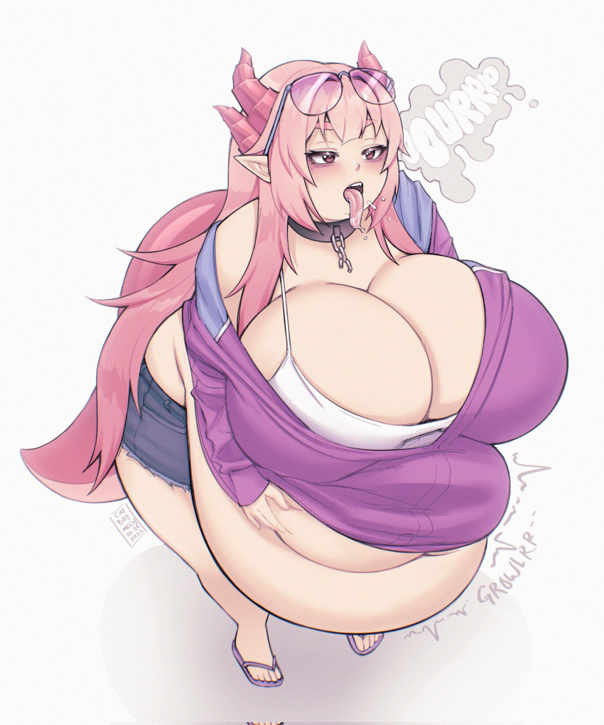 2023 animal_humanoid belly big_belly big_breasts big_butt breasts burping butt cakecatboy cleavage clothed clothing dragon dragon_humanoid eyewear female freya_(cowszers) hair hi_res holding_stomach horn horned_humanoid huge_breasts huge_butt humanoid humanoid_pointy_ears hyper hyper_breasts morbidly_obese morbidly_obese_female morbidly_obese_humanoid navel obese obese_female obese_humanoid open_mouth overweight overweight_female overweight_humanoid pink_eyes pink_hair rumbling_stomach signature solo sound_effects standing sunglasses tail text thick_thighs tongue tongue_out