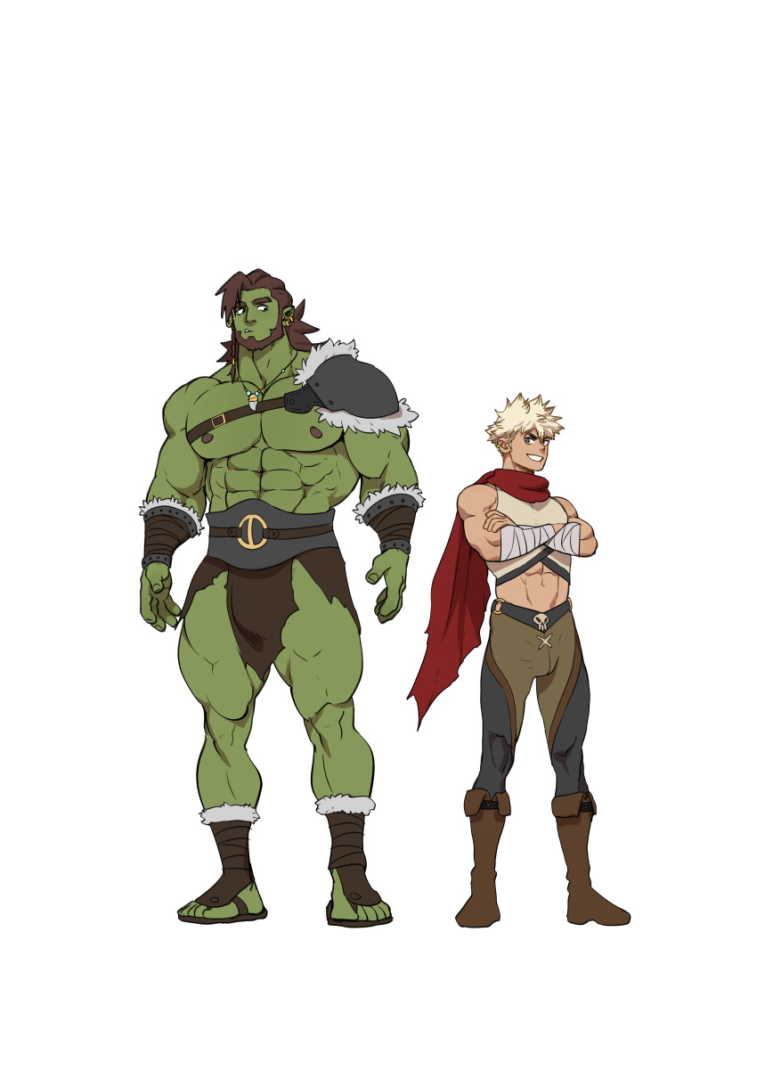 2boys abs absurdres armor bandaged_arm bandages bara black_footwear blonde_hair boots bracer brown_footwear brown_hair brown_pants cape chest_belt colored_skin crossed_arms eyebrow_cut full_body green_skin height_difference highres hogen_&amp;_sparrow jewelry loincloth looking_at_another looking_at_viewer male_focus monster_boy multiple_boys muscular muscular_male navel necklace nipples orc pants pauldrons pectorals ponytail red_cape reference_sheet shoulder_armor simple_background single_pauldron size_difference smile standing suyohara tank_top teeth thick_eyebrows tusks white_background yellow_tank_top