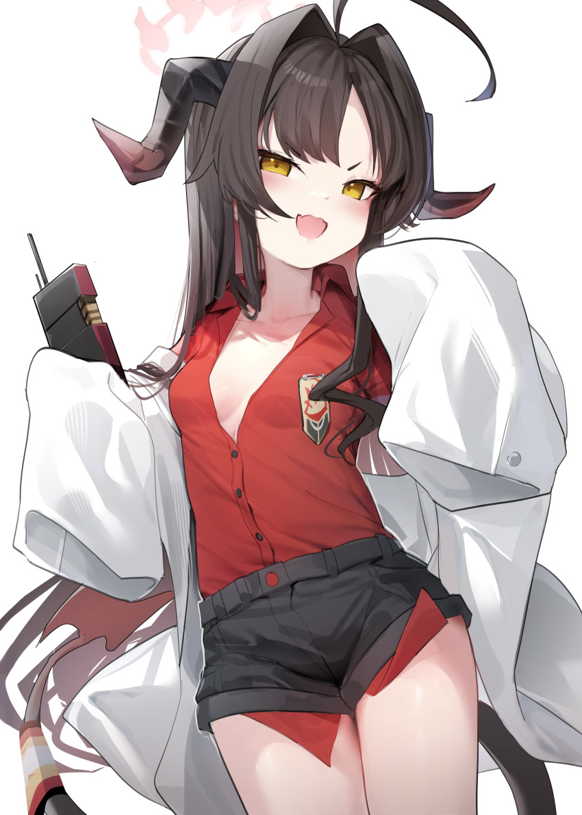 1girl absurdres ahoge black_hair black_horns black_shorts black_tail blue_archive coat coat_partially_removed collared_shirt demon_horns demon_tail doyagao hair_intakes halo highres horns kasumi_(blue_archive) lab_coat long_hair open_mouth oversized_clothes red_halo red_shirt shirt shirt_tucked_in shorts simple_background sleeves_past_fingers sleeves_past_wrists smile smug solo somray tail walkie-talkie white_coat yellow_eyes