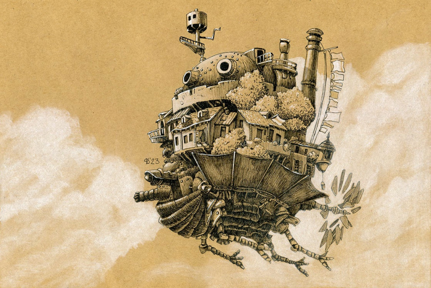 2023 bush cloud cloudy_sky dariapnevaillustration flag flying house limited_palette mechanic mechanical_arms mechanical_wings mechanism no_humans object_focus original signature sky studio_ghibli_(style) wings