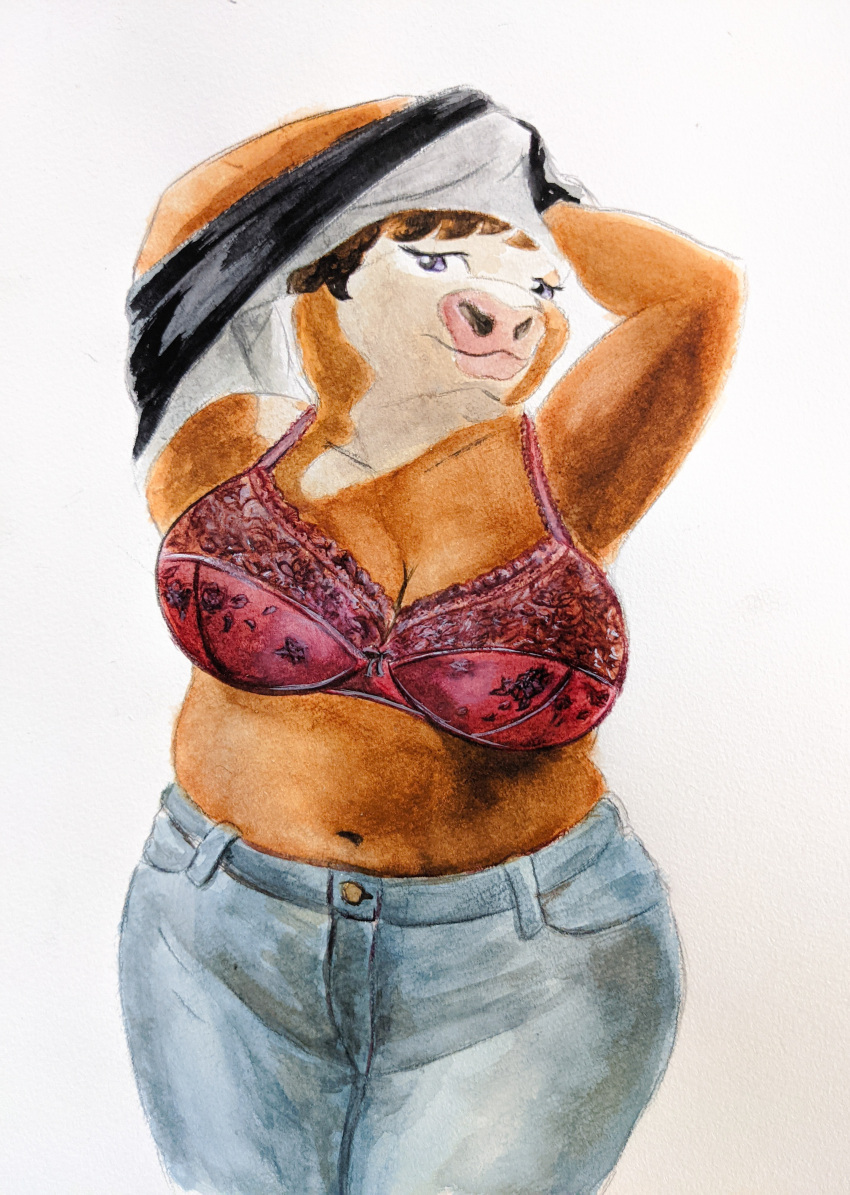 absurd_res belly big_breasts big_butt big_female bottomwear bovid bovine bra breasts brown_body butt cattle chubby_belly chubby_female clothed clothing cowgirl_(disambiguation) denim denim_bottomwear denim_clothing female gynomorph hair hi_res hooved_hands ichinoseura intersex looking_at_viewer mammal mature_female navel purple_eyes raised_clothing raised_shirt raised_topwear red_bra red_clothing red_underwear shirt showing_belly showing_off_breasts simple_background smile smiling_at_viewer solo tail take_off thick_girl thick_thighs topwear underwear