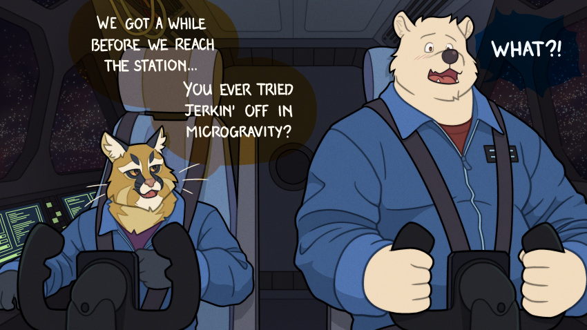 absurd_res american_black_bear anthro astronaut bear black_bear black_body black_fur blush blush_lines bodysuit brown_eyes cel_shading cheek_tuft chin_tuft clothing detailed_background dialogue door driving duo ear_tuft facial_markings facial_tuft felid feline flight_suit front_view fur head_markings hi_res jacket kermode_bear leopardus male mammal markings overweight overweight_male pampas_cat pupils purple_clothing purple_shirt purple_topwear quasarbearcat red_clothing red_shirt red_topwear science_fiction screen seatbelt shaded shirt sitting size_difference skinsuit slit_pupils smile space spacecraft speech_bubble star surprised_expression tight_clothing topwear tuft unzipping ursine vehicle whiskers white_body white_fur window yellow_body yellow_eyes yellow_fur