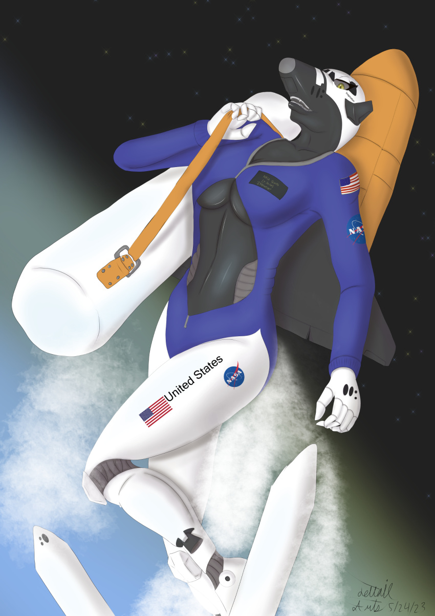 aircraft bag black_body blue_clothing boosters clothing female hi_res jettail living living_aircraft living_machine living_vehicle machine nasa not_furry orange_tank solo space space_shuttle spacecraft star stars_and_stripes uniform united_states_of_america vehicle white_body