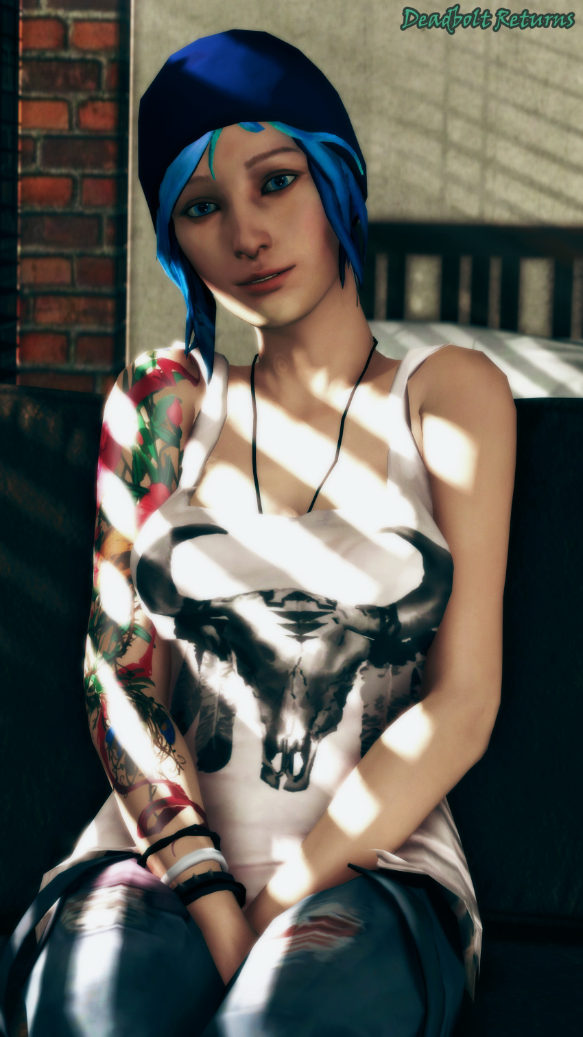 1girl 3d absurdres beanie blue_eyes blue_hair chloe_price deadbolt deadboltreturns hat highres jewelry life_is_strange necklace non-web_source short_hair sitting solo source_filmmaker_(medium) tank_top watermark white_tank_top