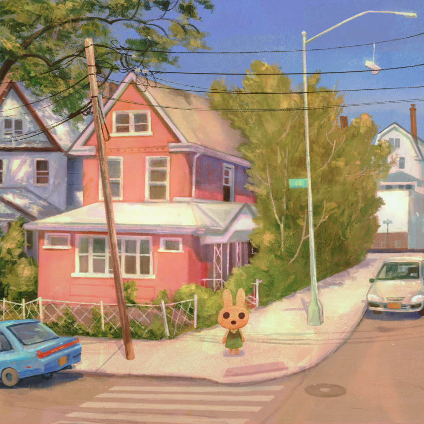 animal_crossing blue_sky building bush car coco_(animal_crossing) commentary crosswalk day dress fawn_(fawnyawns) fence full_body grass green_dress highres hollow_eyes house lamppost manhole_cover motor_vehicle open_mouth outdoors power_lines road scenery sidewalk sign sky standing street symbol-only_commentary tree utility_pole