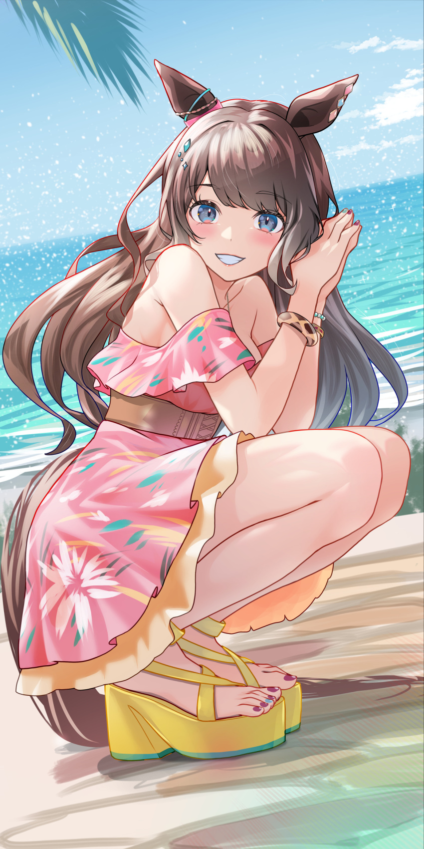 1girl animal_ears barefoot blue_eyes blue_nails blush brown_hair day grin highres horse_ears horse_girl horse_tail long_hair looking_at_viewer multicolored_nails nabe_puyo nail_polish ocean outdoors purple_nails sandals smile solo tail toenail_polish toenails toes tosen_jordan_(aurore_vacances)_(umamusume) tosen_jordan_(umamusume) umamusume yellow_footwear