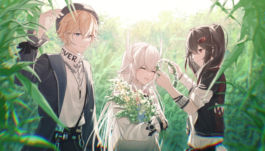 1boy 2girls animal_ears armband arms_up belt black_coat blonde_hair blue_eyes bow bowtie brown_hair chinese_commentary closed_eyes coat commentary dress emblem fake_animal_ears fake_horns flower flower_wreath hair_between_eyes hair_ornament hairclip hat highres holding holding_flower horns jewelry leaf lee:_palefire_(ivy)_(punishing:_gray_raven) lee_(punishing:_gray_raven) liv:_eclipse_(tiara)_(punishing:_gray_raven) liv_(punishing:_gray_raven) long_hair lucia:_dawn_(holiday_of_eden)_(punishing:_gray_raven) lucia_(punishing:_gray_raven) multicolored_hair multiple_girls nature necklace open_clothes open_coat open_mouth outdoors pink_bow pink_bowtie punishing:_gray_raven red_eyes red_hair short_hair sleeves_rolled_up smile streaked_hair sweater turtleneck turtleneck_sweater twintails upper_body white_dress white_hair white_sweater zhou_huan_(dgpe2833)