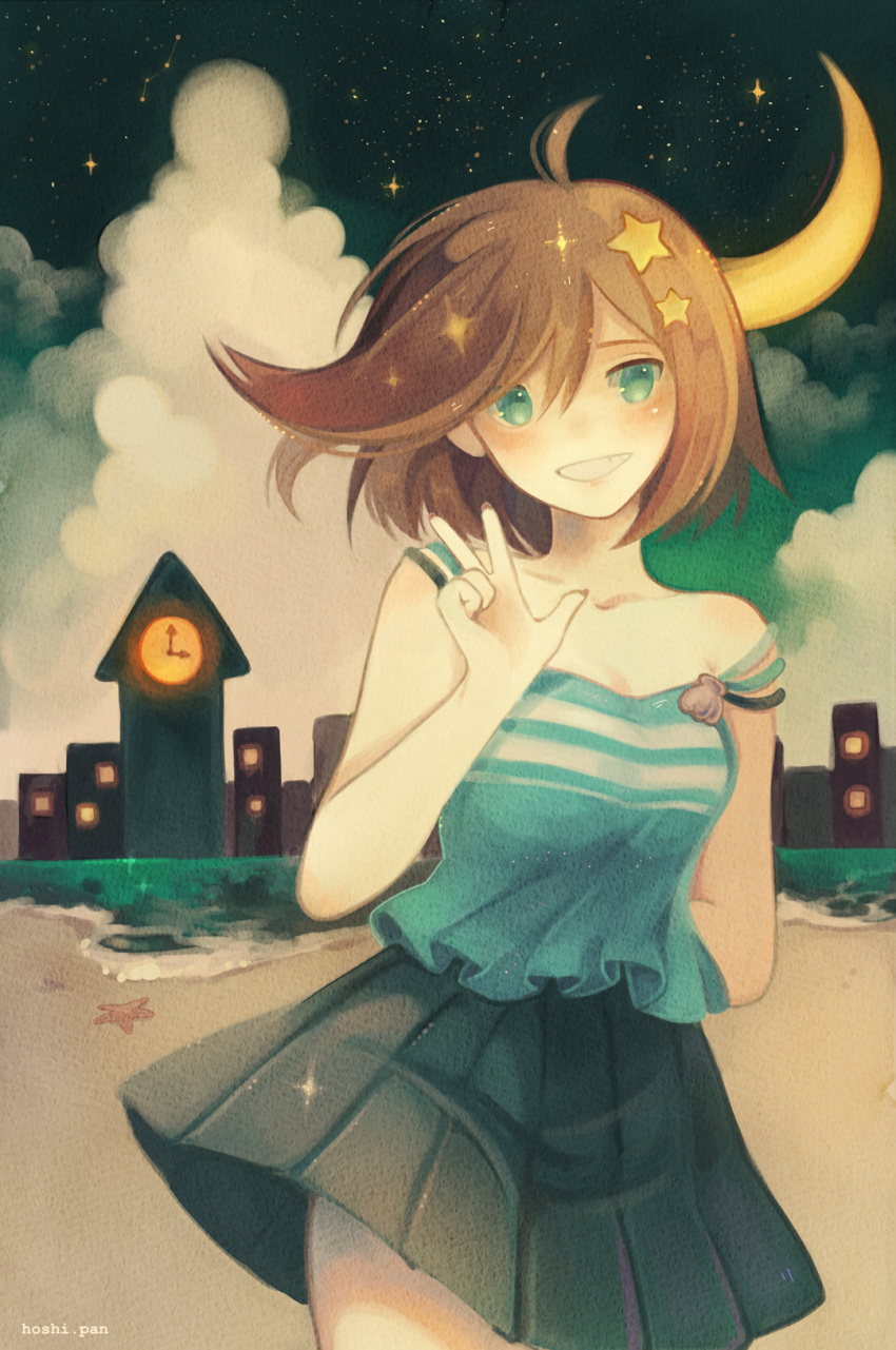 1girl ahoge aqua_eyes arm_behind_back bare_shoulders beach black_skirt blue_shirt breasts brown_hair cityscape cleavage clip_studio_paint_(medium) clock clock_tower cloud collarbone commentary crescent_moon english_commentary frilled_shirt frills grin hair_ornament highres hoshi-pan light_blush looking_at_viewer miniskirt moon night night_sky ocean open_mouth original outdoors shell_brooch shirt short_hair skirt sky small_breasts smile solo sparkle star_(sky) star_(symbol) star_hair_ornament starfish strap striped striped_shirt striped_skirt swept_bangs teeth tower v vertical-striped_skirt vertical_stripes