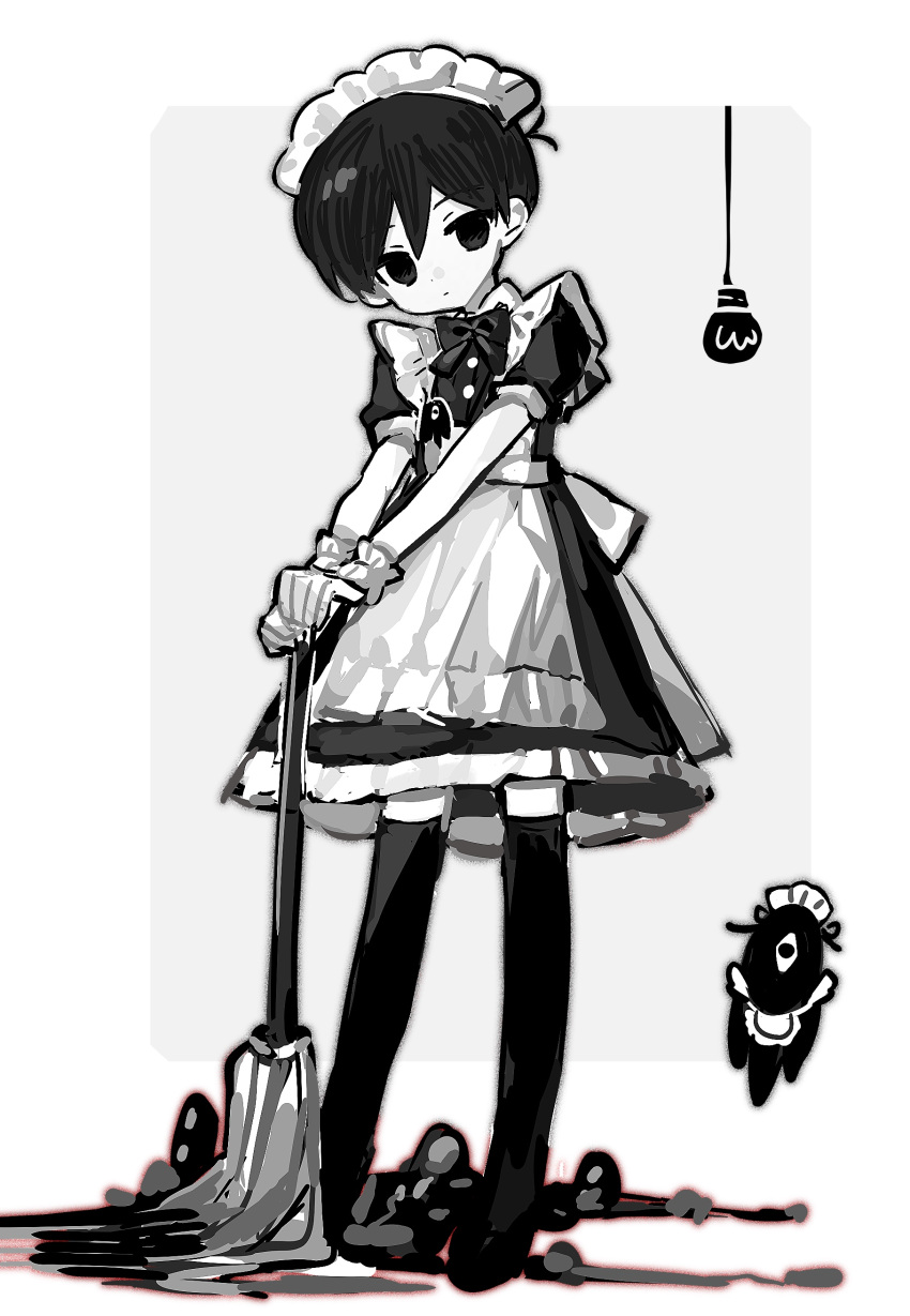 1boy absurdres apron black_bow black_bowtie black_dress black_eyes black_hair black_thighhighs bow bowtie colored_skin dress gloves highres light_bulb looking_at_viewer maid_headdress omori omori_(omori) puffy_short_sleeves puffy_sleeves shio_0585 short_sleeves simple_background solo something_(omori) thighhighs white_apron white_background white_gloves white_skin