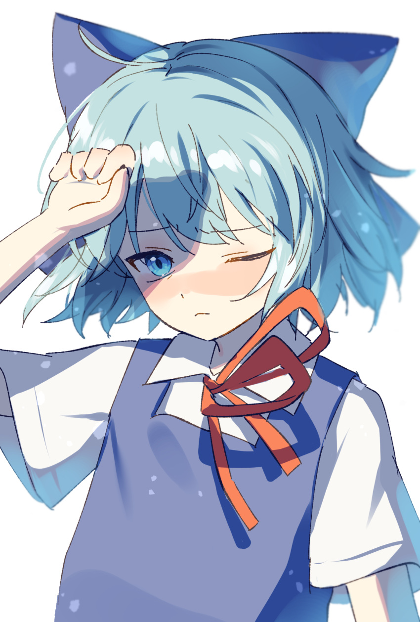 1girl blue_bow blue_eyes blue_hair blue_jacket bow cirno expressionless hair_bow hand_over_face highres jacket large_bow one_eye_closed shadow shirt short_hair solo suikario touhou white_background white_shirt