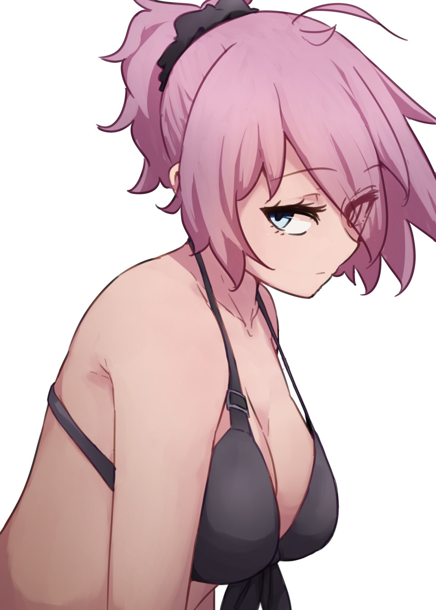 1girl ahoge aoba_(kancolle) bikini blue_eyes breasts cleavage front-tie_bikini_top front-tie_top highres ikadamo kantai_collection large_breasts leaning_forward looking_at_viewer messy_hair ponytail purple_hair short_hair simple_background solo swimsuit upper_body white_background