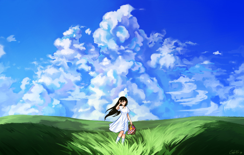 1girl absurdres apple arm_up banana basket black_hair blue_sky blush closed_eyes cofkf day dress facing_viewer field food fruit grapes grass highres holding holding_basket long_hair mari_(omori) omori open_mouth orange_(fruit) outdoors pear picnic_basket short_sleeves sky smile socks solo white_dress white_socks