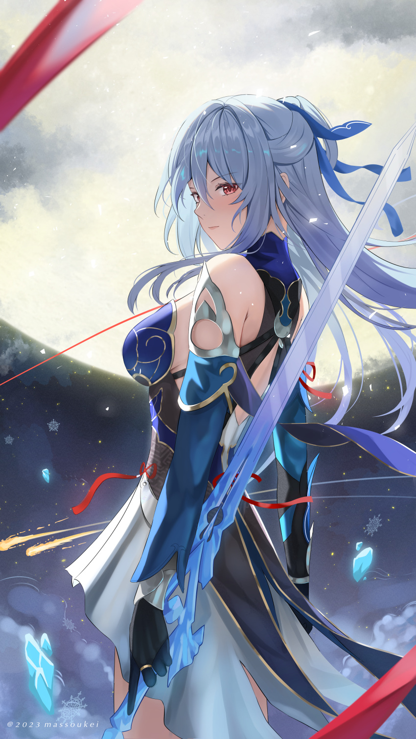 1girl absurdres artist_name back bare_shoulders black_gloves blue_dress blue_sleeves breasts chinese_clothes closed_mouth crystal_sword dated detached_sleeves dress from_side full_moon gloves grey_hair hair_between_eyes half_updo high-low_skirt highres honkai:_star_rail honkai_(series) huge_moon jingliu_(honkai:_star_rail) long_hair looking_at_viewer looking_back massoukei medium_breasts moon night night_sky red_eyes reverse_grip sidelocks skirt sky sleeveless sleeveless_dress solo standing star_(sky) sword sword_behind_back weapon white_skirt