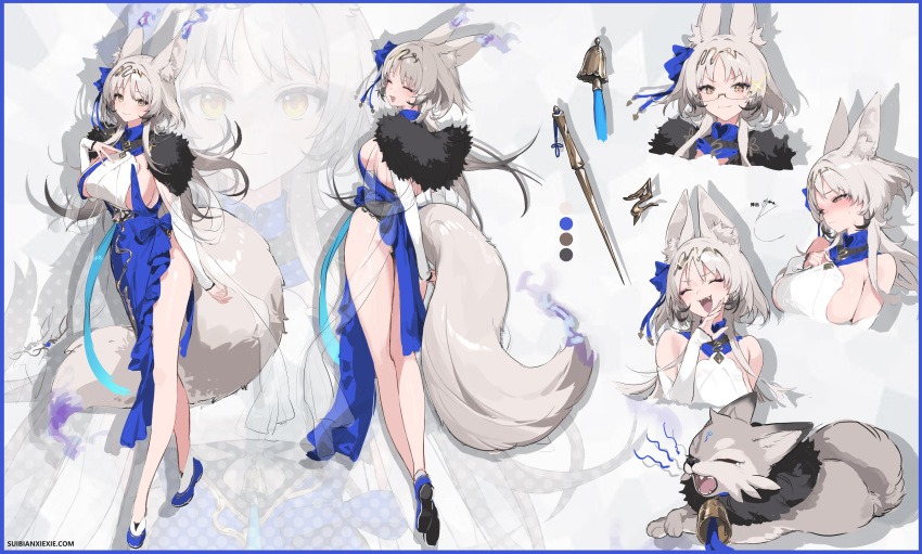 1girl absurdres animal_ears ass bare_legs bare_shoulders bell blue_dress blue_footwear blush breasts brown_eyes closed_mouth detached_sleeves dress feather_boa fox_ears fox_girl fox_tail from_behind full_body gradient_hair hair_ornament hairpin hand_on_own_chest hand_up highres indie_virtual_youtuber large_breasts legs long_hair long_legs long_sleeves looking_at_viewer looking_back low_ponytail multicolored_hair multiple_views no_bra nose_blush ojou-sama_pose pelvic_curtain see-through shawl shisantian shoes sideboob sleeveless sleeveless_dress smile socks standing tail thighs v-shaped_eyebrows very_long_hair virtual_youtuber white_hair white_socks yu_ling zoom_layer