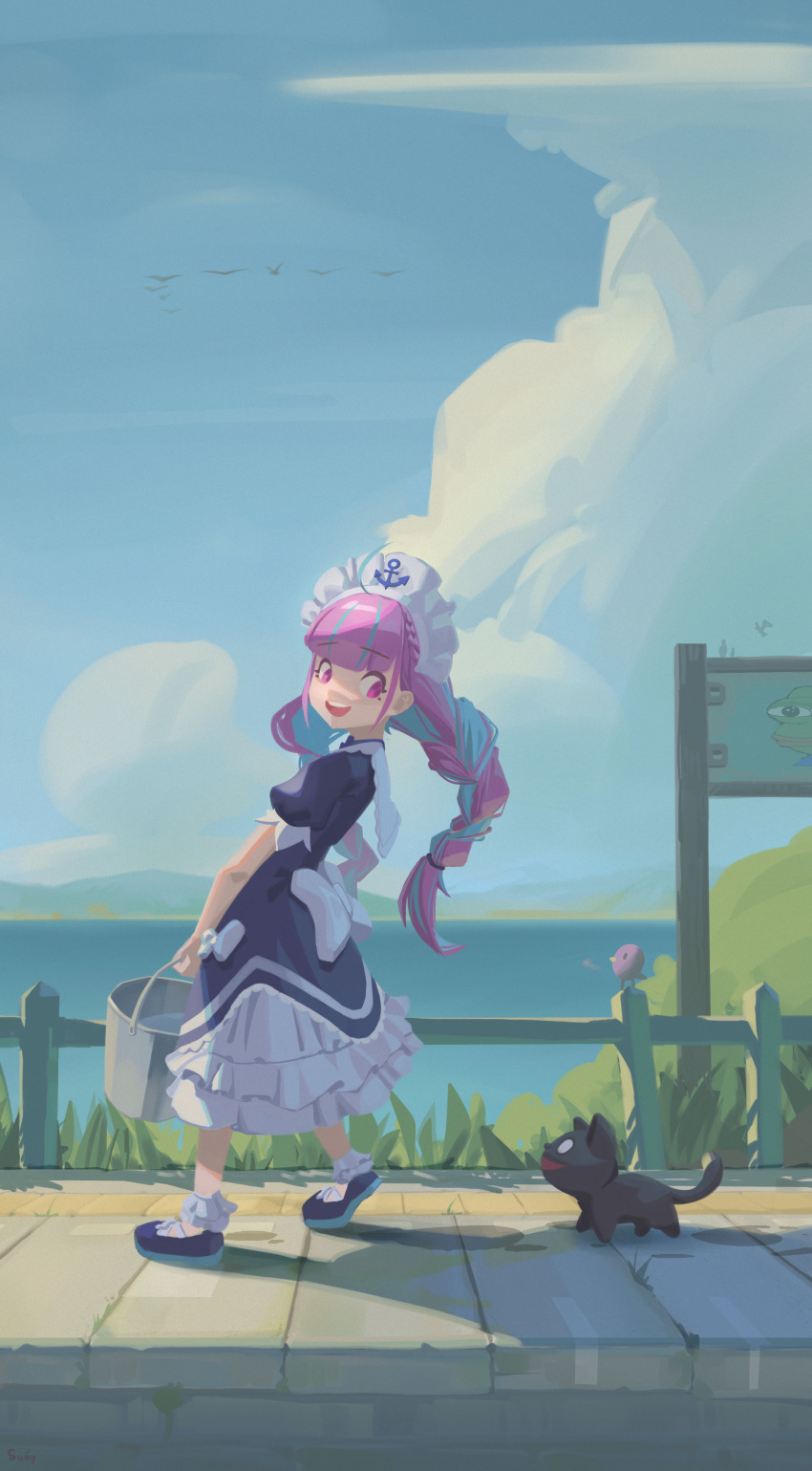 1girl 1other absurdres anchor_print anchor_symbol bird blue_footwear blue_hair blue_sky braid bucket bucket_of_water cat cloud colored_inner_hair commentary fence frilled_sailor_collar frills grass highres holding holding_bucket hololive long_hair looking_back maid maid_headdress mazzenka minato_aqua mole mole_under_eye multicolored_hair neko_(minato_aqua) no_socks ocean open_mouth outdoors purple_eyes purple_hair sailor_collar sidewalk sign sky streaked_hair twintails two-tone_hair virtual_youtuber walking wooden_fence