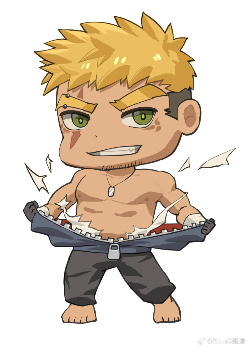 1boy absurdres bara bare_pectorals blonde_hair chibi dog_tags facial_hair goatee gyee highres huge_horns male_focus mature_male muscular muscular_male nipples original pectorals romg sanpaku scar scar_across_eye second-party_source short_hair sideburns solo tearing_clothes tekkowang torn_clothes undercut undressing zipper