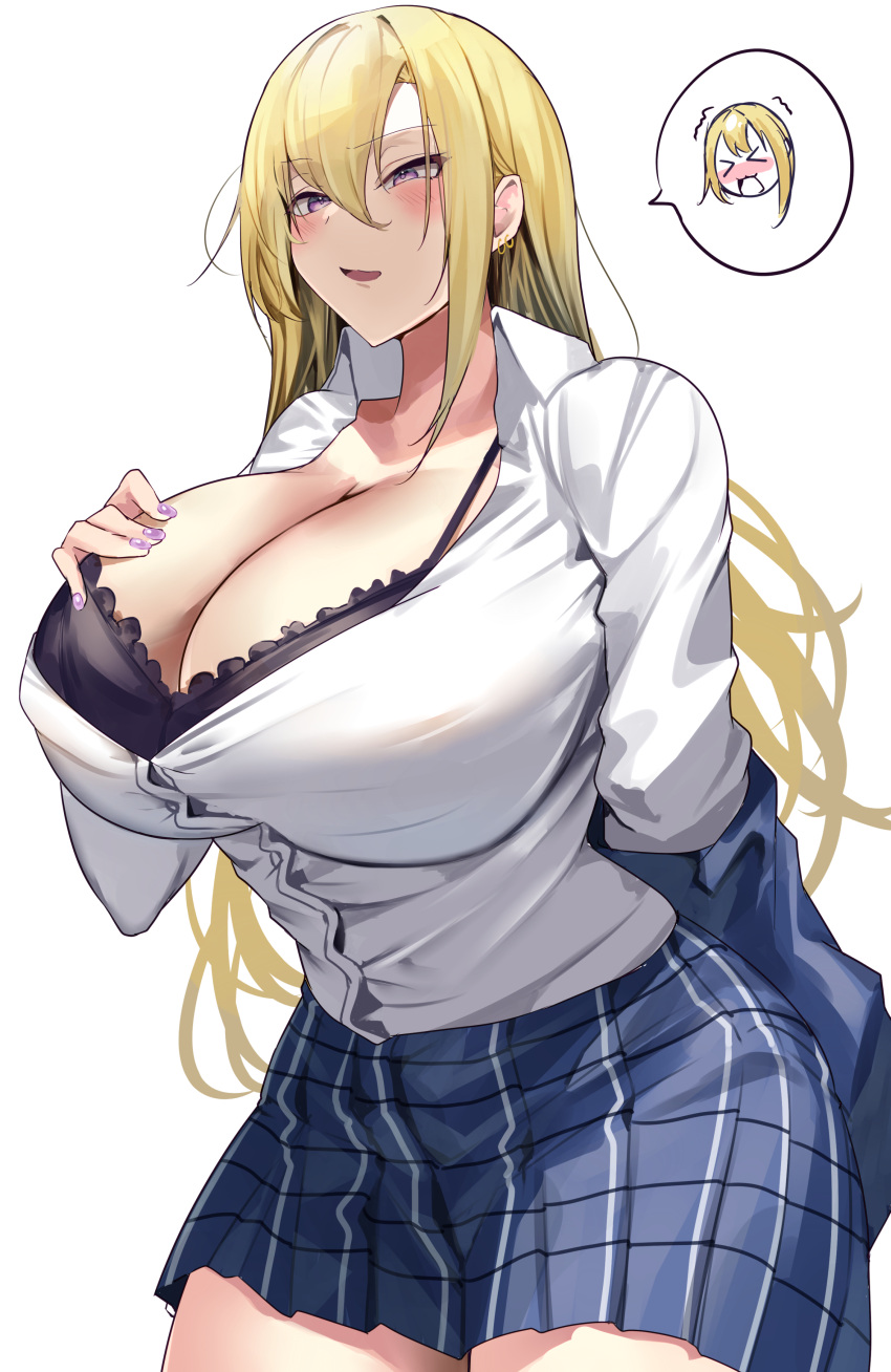 &gt;_&lt; 1girl absurdres blonde_hair blue_skirt blush breasts cleavage collared_shirt commentary_request ear_piercing gyaru hand_on_own_chest highres kogal large_breasts long_hair long_sleeves nail_polish namazu_(yamasonson) original parted_lips piercing purple_eyes purple_nails school_uniform shirt shirt_tucked_in simple_background skirt solo white_background white_shirt