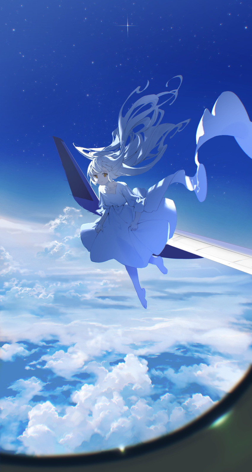 1girl above_clouds absurdres aircraft airplane airplane_interior barefoot blush brown_eyes closed_mouth cloud cloudy_sky collarbone day dress floating floating_hair full_body highres ka_4maki long_hair long_sleeves looking_at_viewer night night_sky original scenery short_sleeves skirt_hold sky smile solo star_(sky) starry_sky very_long_hair white_background white_dress white_hair window
