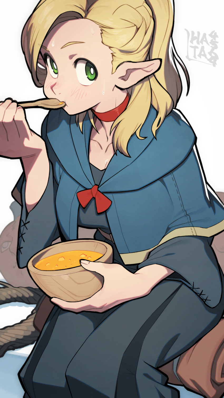 1girl absurdres artist_name blue_capelet blush bowl capelet choker commentary_request dungeon_meshi eating elf green_eyes grey_background hata4564 highres holding holding_bowl holding_spoon looking_at_viewer marcille pointy_ears red_choker simple_background sitting solo spoon
