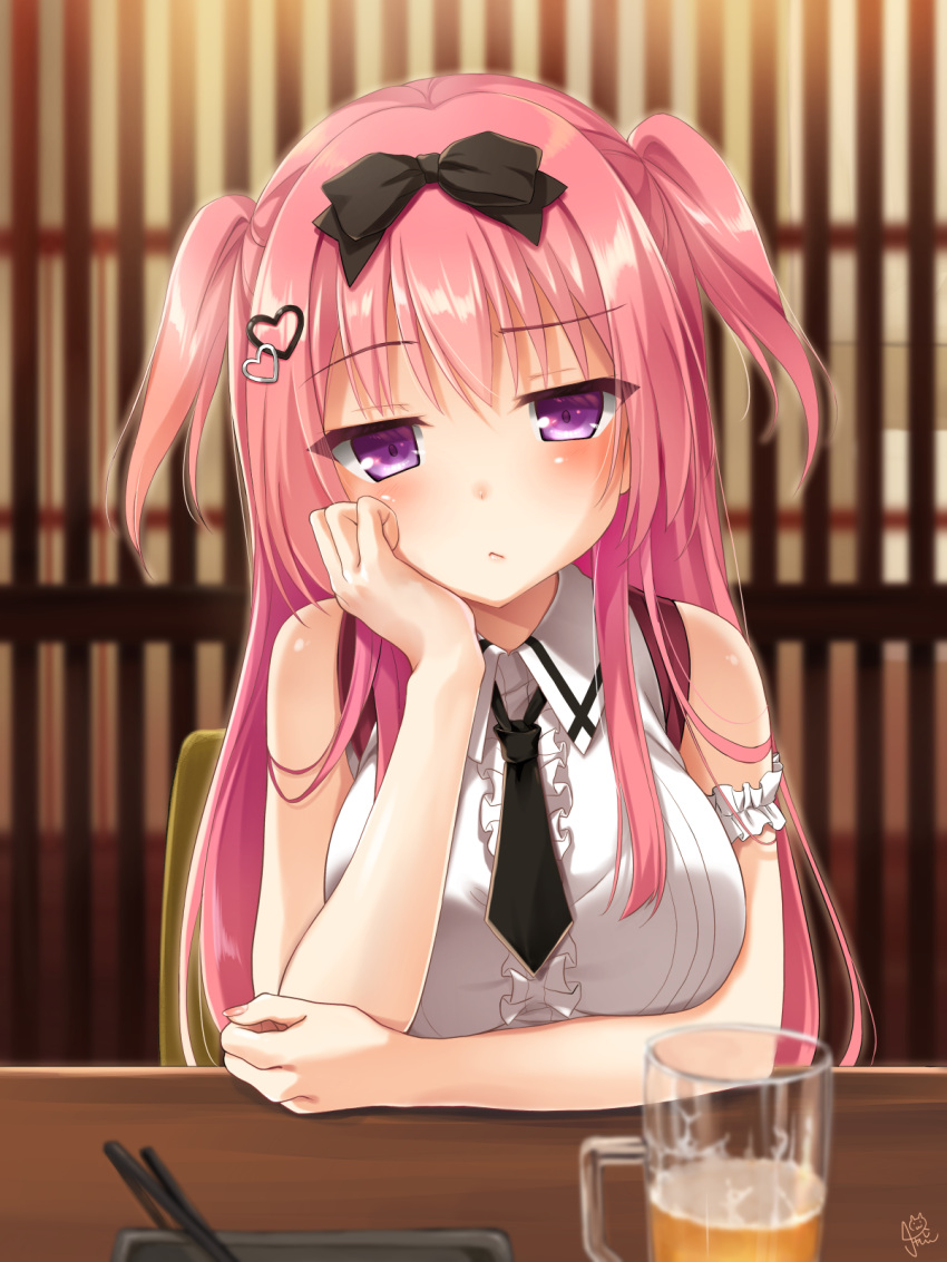 1girl :&lt; alcohol arm_scrunchie arm_under_breasts beer beer_mug black_bow black_necktie blunt_ends blush bow breasts center_frills chaamii closed_mouth collared_shirt commentary cup eyes_visible_through_hair frills frown futamata_ren'ai hair_between_eyes hair_bow hair_ornament hand_on_own_cheek hand_on_own_face head_rest head_tilt heart heart_hair_ornament highres indoors jitome large_breasts long_hair looking_at_viewer mikoshiba_rui mug necktie pink_hair purple_eyes restaurant scrunchie shirt sidelocks signature sitting sleeveless sleeveless_shirt solo straight-on straight_hair two_side_up unamused upper_body very_long_hair white_scrunchie white_shirt