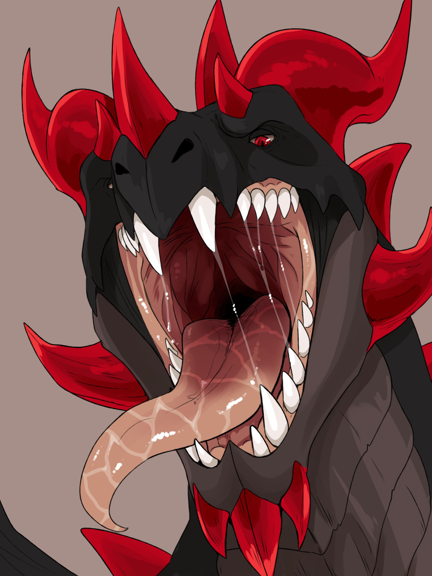 3:4 absurd_res bodily_fluids dragon fangs feral front_view grey_body grey_scales hi_res horn imperatorcaesar looking_at_viewer male mouth_shot narrowed_eyes open_mouth pupils red_eyes red_horn saliva saliva_on_tongue saliva_string scales simple_background slit_pupils solo teeth tongue tongue_out
