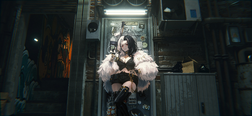 1girl absurdres arm_tattoo belt_pouch black_gloves black_hair black_shorts black_thighhighs breasts cleavage coat duona feet_out_of_frame flower_tattoo fluorescent_lamp fur_coat gloves goddess_of_victory:_nikke gold_choker gun hand_on_own_hip highres holding holding_gun holding_weapon large_breasts long_hair looking_at_viewer midriff multicolored_hair open_clothes open_coat parted_lips pinstripe_pattern pouch red_eyes red_lips rosanna_(nikke) shirt shorts solo split-color_hair standing stomach_tattoo striped striped_shirt tattoo thighhighs two-tone_hair vertical-striped_shirt vertical_stripes weapon white_fur white_hair