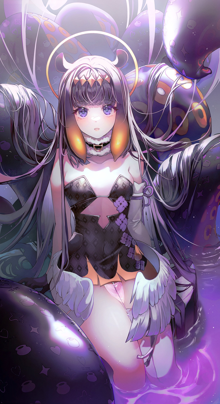 1girl absurdres blue_eyes diamond_hairband feathered_wings fur-trimmed_collar fur_choker gapang12 gradient_hair halo highres hololive hololive_english long_hair looking_at_viewer low_wings mole mole_under_eye multicolored_hair ninomae_ina'nis orange_hair partially_submerged purple_hair solo straight_hair tentacle_hair tentacles very_long_hair virtual_youtuber white_wings wings