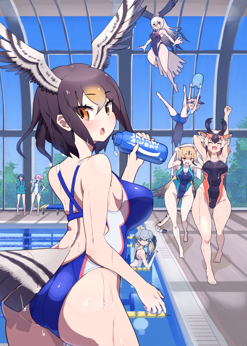 6+girls :d ^_^ animal_ears arm_behind_head armpits arms_up ass ass_visible_through_thighs bald_eagle_(kemono_friends) bare_arms bare_shoulders bird_girl bird_tail bird_wings black_hair blonde_hair bottle breasts brown_eyes brown_hair captain_(kemono_friends) cheetah_(kemono_friends) cheetah_ears cheetah_tail closed_eyes closed_mouth competition_swimsuit covered_navel day drawstring extra_ears floating greater_roadrunner_(kemono_friends) green_hair grey_hair groin hair_between_eyes hands_up head_wings high_ponytail highleg highleg_swimsuit highres holding holding_bottle holding_stopwatch holding_towel hood hood_down hoodie horns indoors kemono_friends large_breasts legs_up light_brown_hair light_smile long_hair looking_at_another looking_at_viewer looking_back median_furrow medium_hair multicolored_clothes multicolored_hair multicolored_swimsuit multiple_girls nana_(kemono_friends) nishuu_miri no_pants northern_goshawk_(kemono_friends) one-piece_swimsuit open_mouth parted_bangs partially_submerged pink_hair pool poolside pronghorn_(kemono_friends) shoebill_(kemono_friends) short_hair side_ponytail sidelocks smile spread_wings standing stopwatch stretching swimsuit tail textless_version towel towel_on_head tsurime very_long_hair walking water wet wet_hair wings |_|