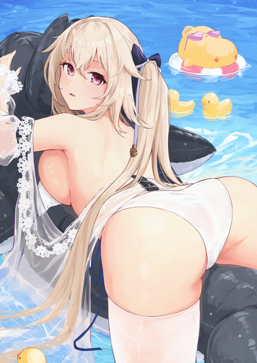 1girl anchorage_(azur_lane) anchorage_(dolphins_and_swim_lessons)_(azur_lane) ass azur_lane bare_back bare_shoulders bikini bird breasts brown_hair chick from_behind hair_between_eyes hair_ornament heart heart-shaped_eyewear highres inflatable_orca inflatable_toy innertube large_breasts light_blush light_brown_hair long_hair looking_at_viewer looking_back lying manjuu_(azur_lane) on_stomach open_mouth pink_eyes rubber_duck side-tie_bikini_bottom sideboob swimsuit thighhighs topless twintails umiya_mizuki water white_bikini white_thighhighs