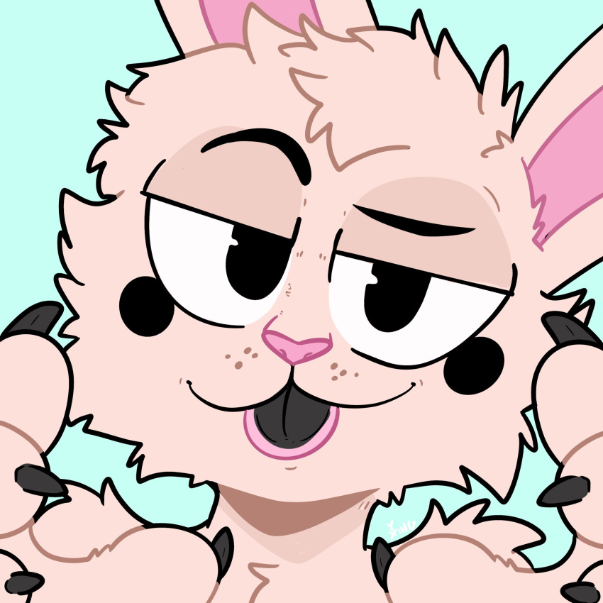 anthro blep blue_background blush blush_stickers cheek_tuft close-up eyebrows facial_tuft fur half-closed_eyes hi_res icon lagomorph leporid looking_at_viewer male mammal multicolored_tongue narrowed_eyes rabbit raised_eyebrow shoulder_tuft simple_background smile solo tan_body tan_fur the_xing1 tongue tongue_out tuft two_tone_tongue