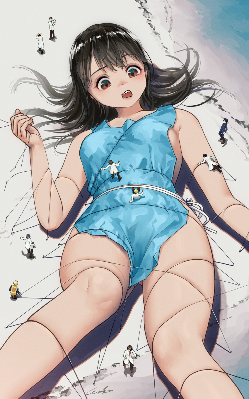 1girl 6+boys absurdres bare_legs bare_shoulders beach black_hair breasts brown_eyes feet_out_of_frame giant giantess highres lab_coat medium_breasts miniboy multiple_boys ocean open_mouth original rags restrained sideboob signature skindentation thighs welt_(kinsei_koutenkyoku)