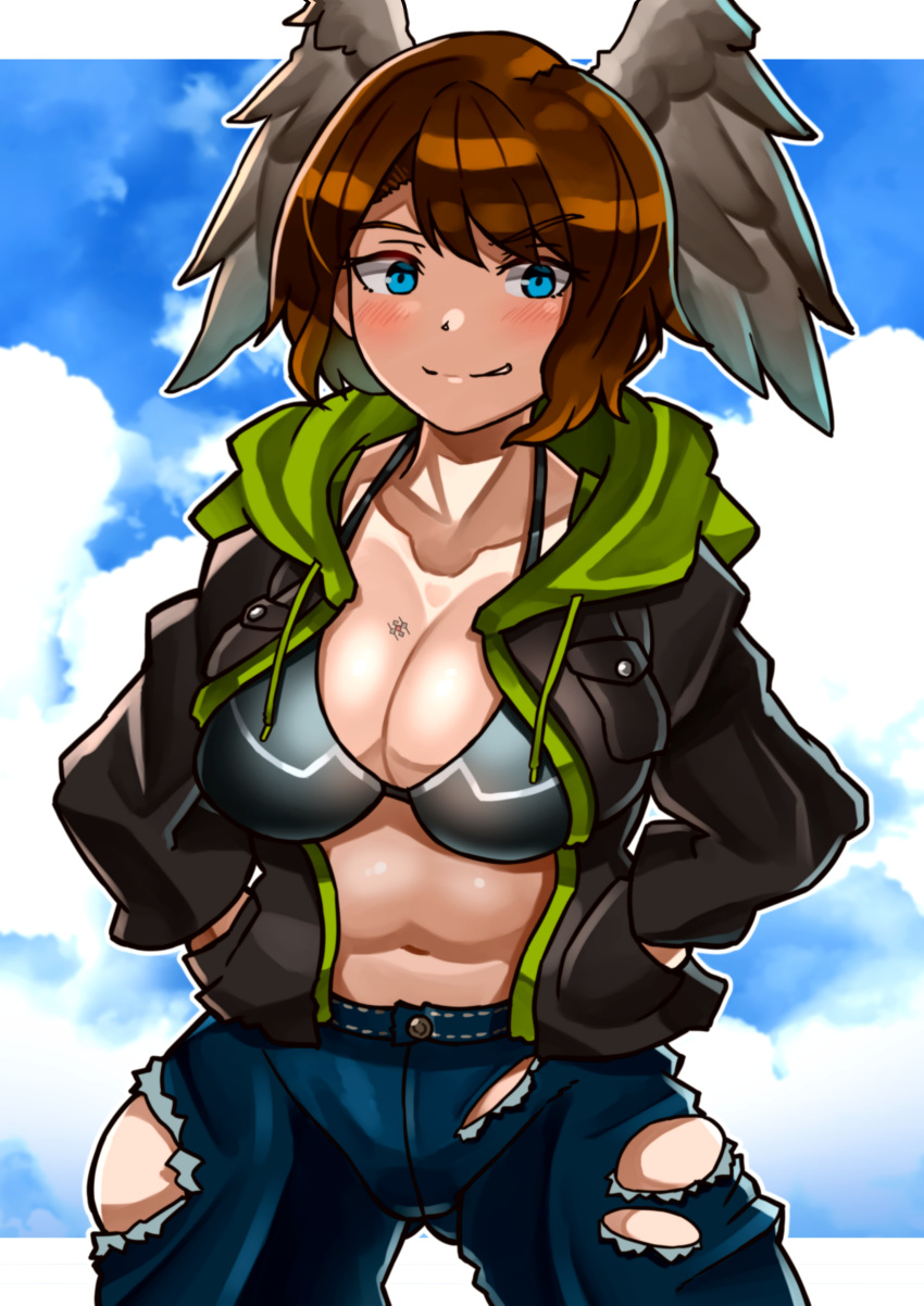 1girl absurdres bikini black_bikini black_choker black_jacket blue_eyes breast_tattoo breasts brown_hair choker cleavage denim eunie_(xenoblade) head_wings highres hood jacket jeans large_breasts long_hair looking_at_viewer oniisan02b open_clothes open_jacket pants short_hair solo swimsuit tattoo white_wings wings xenoblade_chronicles_(series) xenoblade_chronicles_3