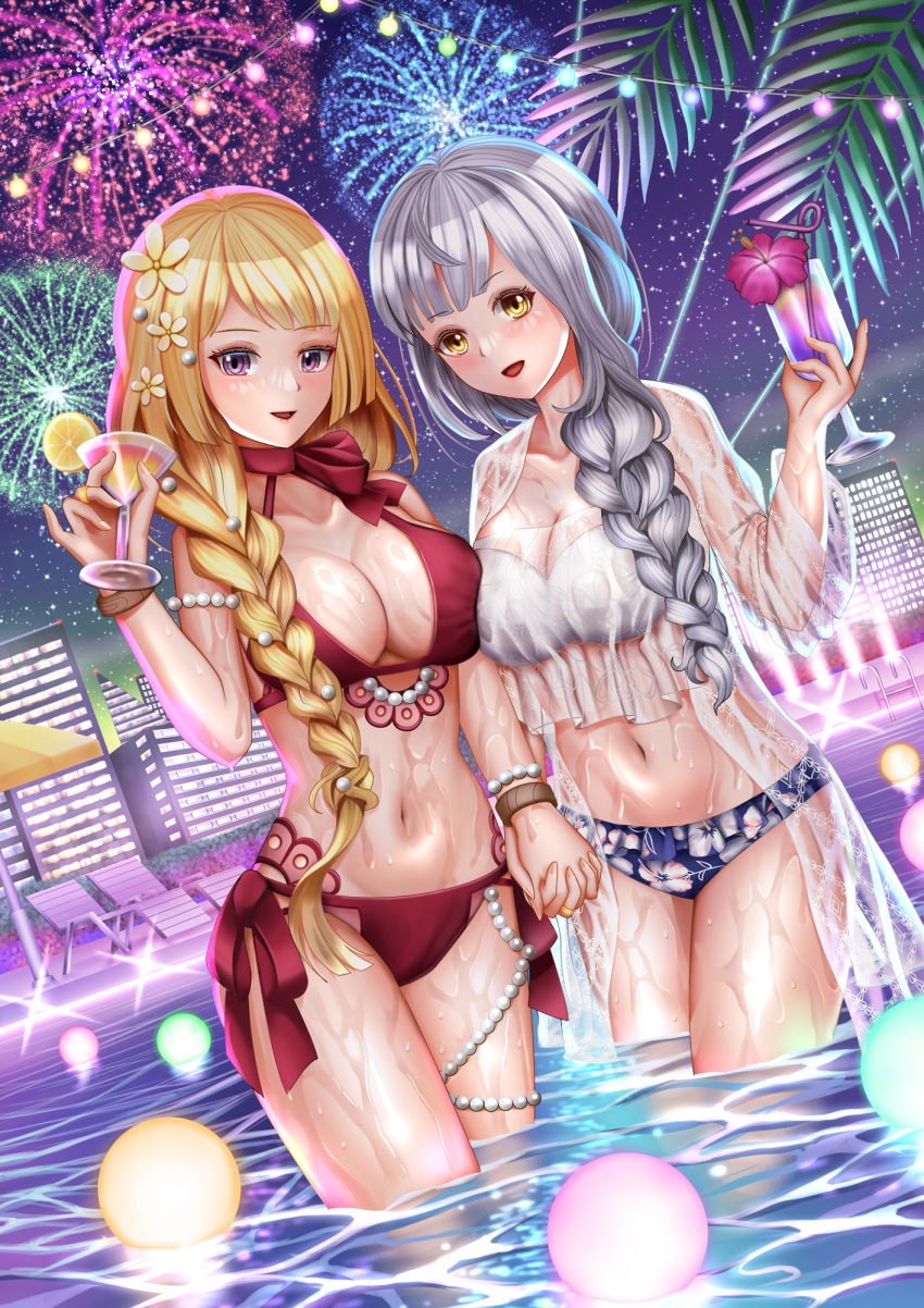 2girls aerial_fireworks arm_at_side assault_lily asymmetrical_docking bangle bare_arms bare_shoulders bikini blonde_hair blue_bikini blunt_bangs bracelet braid braided_ponytail breast_press breasts building chair city cleavage cocktail cocktail_glass collarbone commentary_request cowboy_shot cup drinking_glass drinking_straw fingernails fireworks floral_print flower food frilled_bikini frills fruit gem grey_hair hair_flower hair_ornament hair_over_shoulder halterneck hand_up hibiscus highres holding holding_cup holding_hands hurricane_glass imai_tomohiro interlocked_fingers jewelry kon_kanaho large_breasts lemon lemon_slice light_blush long_hair long_sleeves looking_at_viewer lounge_chair low_ponytail mismatched_bikini miyagawa_takane multiple_girls navel night night_sky official_alternate_costume official_alternate_hairstyle open_clothes open_shirt outdoors parasol parted_lips pearl_(gemstone) pearl_bracelet pearl_hair_ornament pink_flower pool pool_ladder print_bikini purple_eyes red_bikini ring see-through see-through_shirt shirt side-by-side side-tie_bikini_bottom side_ponytail single_braid sky smile sparkle standing stomach string_of_light_bulbs swimsuit swimsuit_cover-up thighlet umbrella very_long_hair wading water wet wet_clothes wet_shirt white_bikini yellow_eyes yellow_flower